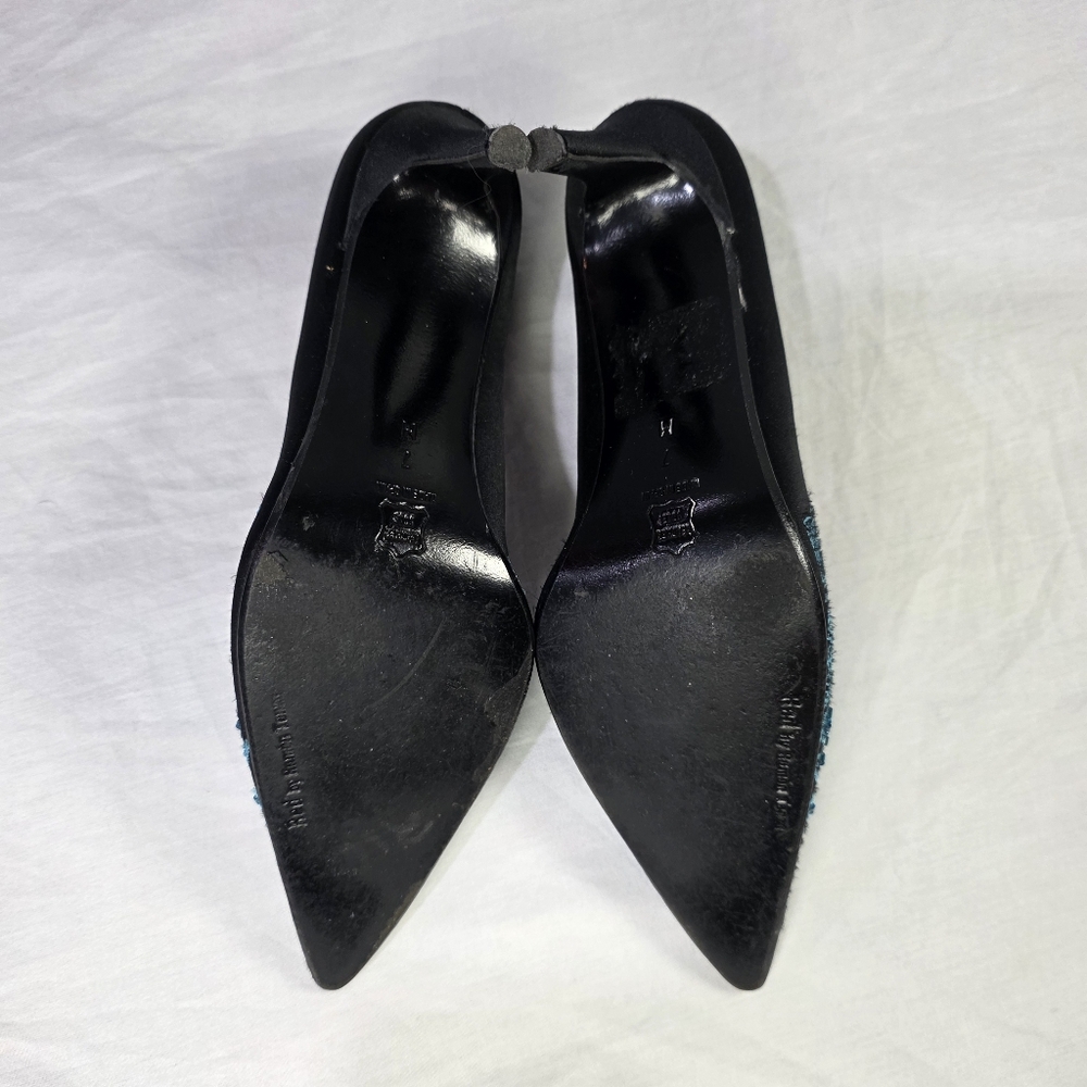 Vintage Red by Ramon Tenza Black Satin Stiletto Heels w/Turquise Embroidery. 7 - Picture 9 of 11
